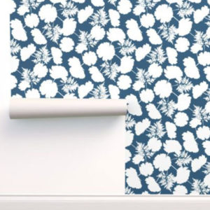 Fabric & Wallpaper: Cosmos Flower Silhouette in Blue, White
