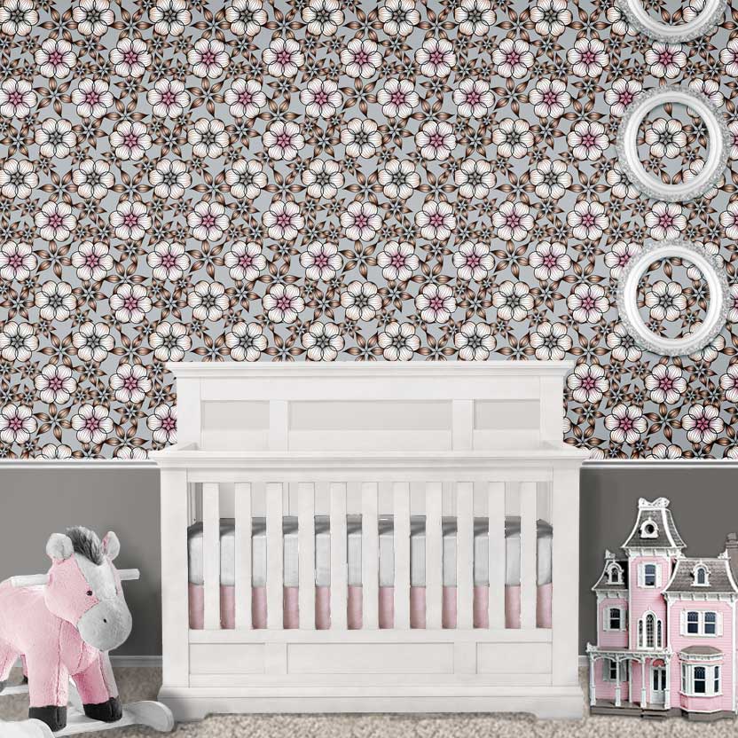 Nursery wallpaper with pink and gray geometric flowers