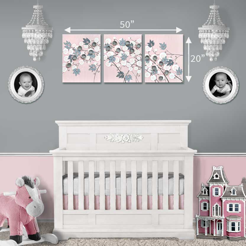 Size guide for of nursery wall art of pink and gray climbing flowers
