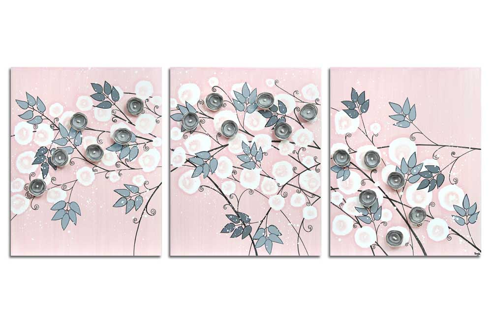 Nursery wall art of pink and gray climbing flowers