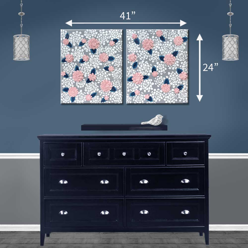 Size guide for nursery art of gray, indigo, and pink dahlia flowers