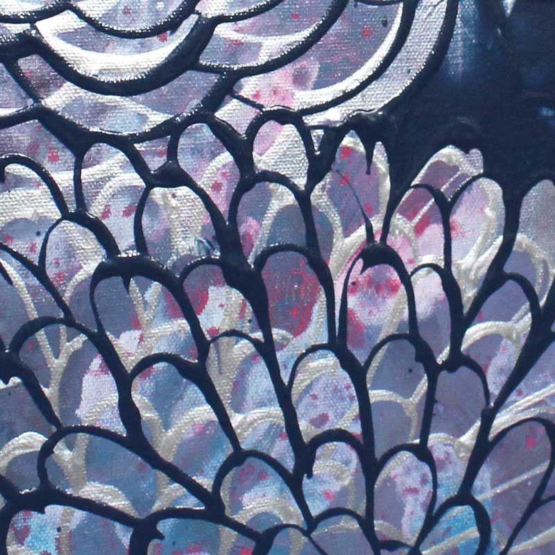 Close up of painting of blue, purple, silver, dahlias