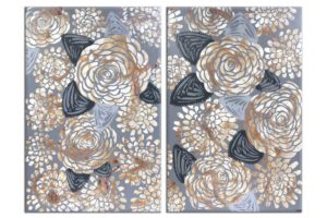 Set of 2 Dahlia Flower Canvas Paintings in Brown, Gray | Large