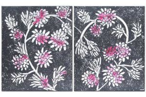 Set of 2 Dahlia Flower Canvas Paintings in Pink, Gray | Large