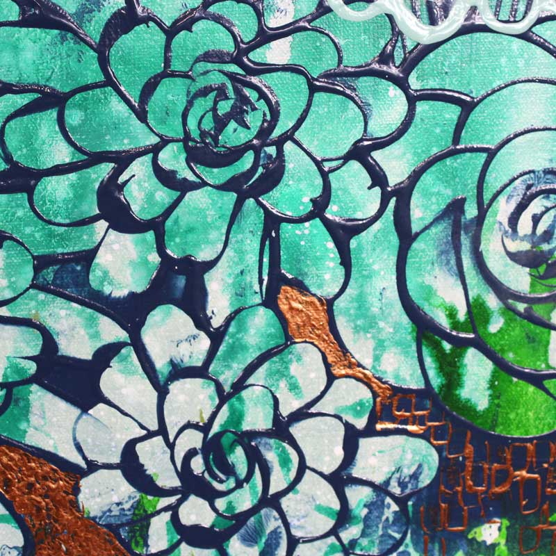 Details of painting green and copper floral dahlias