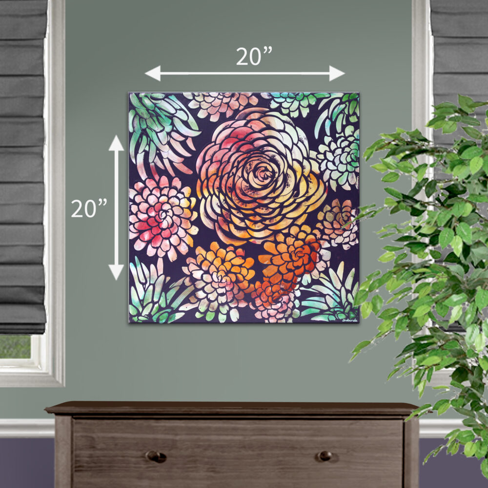 Size guide for tropical floral painting on 20x20 canvas