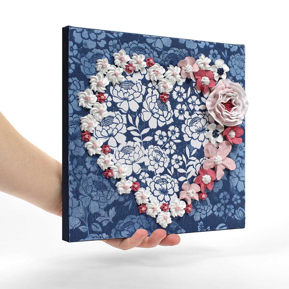 Valentine gift alternative painting of sculpted floral heart in denim blue and pink flowers