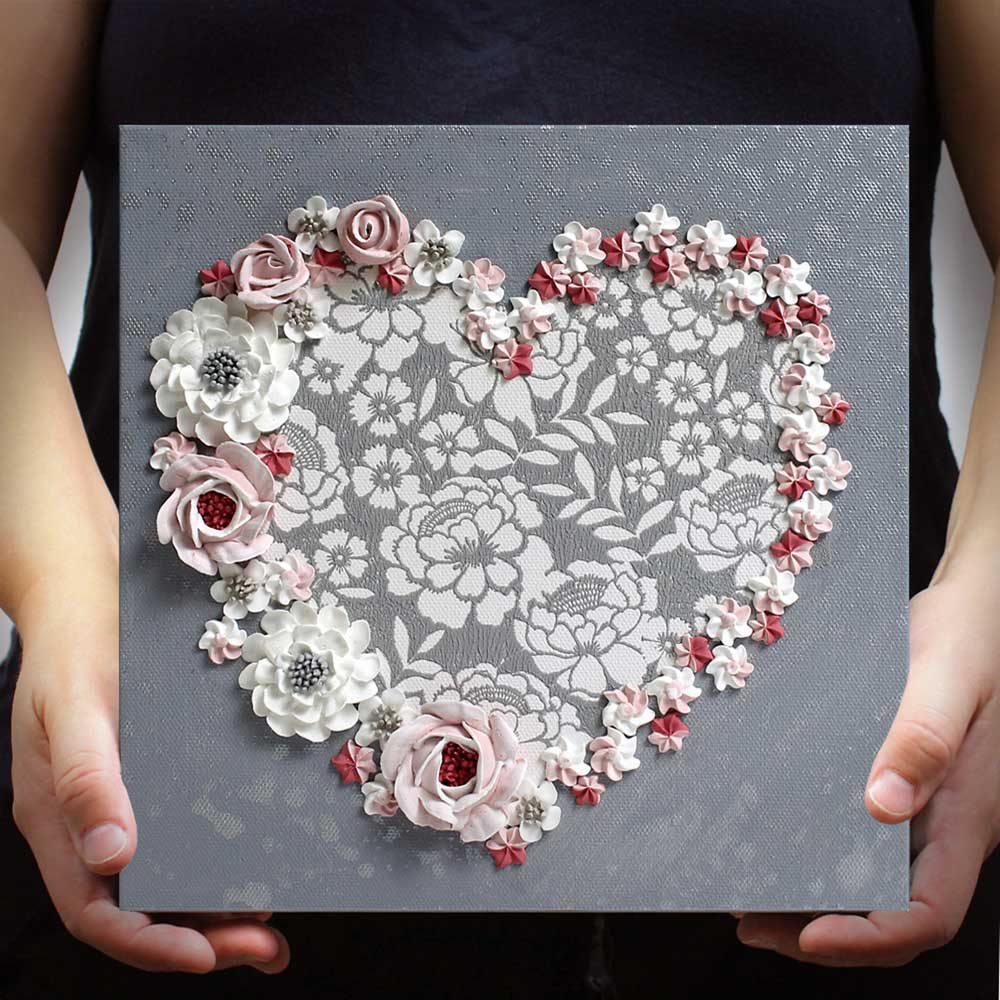 Valentine gift alternative painting of sculpted floral heart in gray and pink flowers