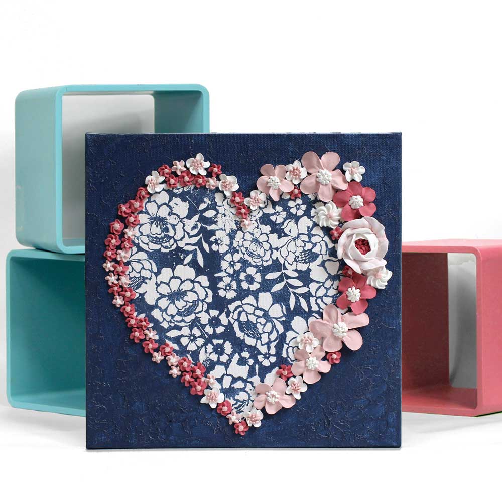 Valentine gift art with sculpted flowers in heart cameo in indigo blue and pink flowers