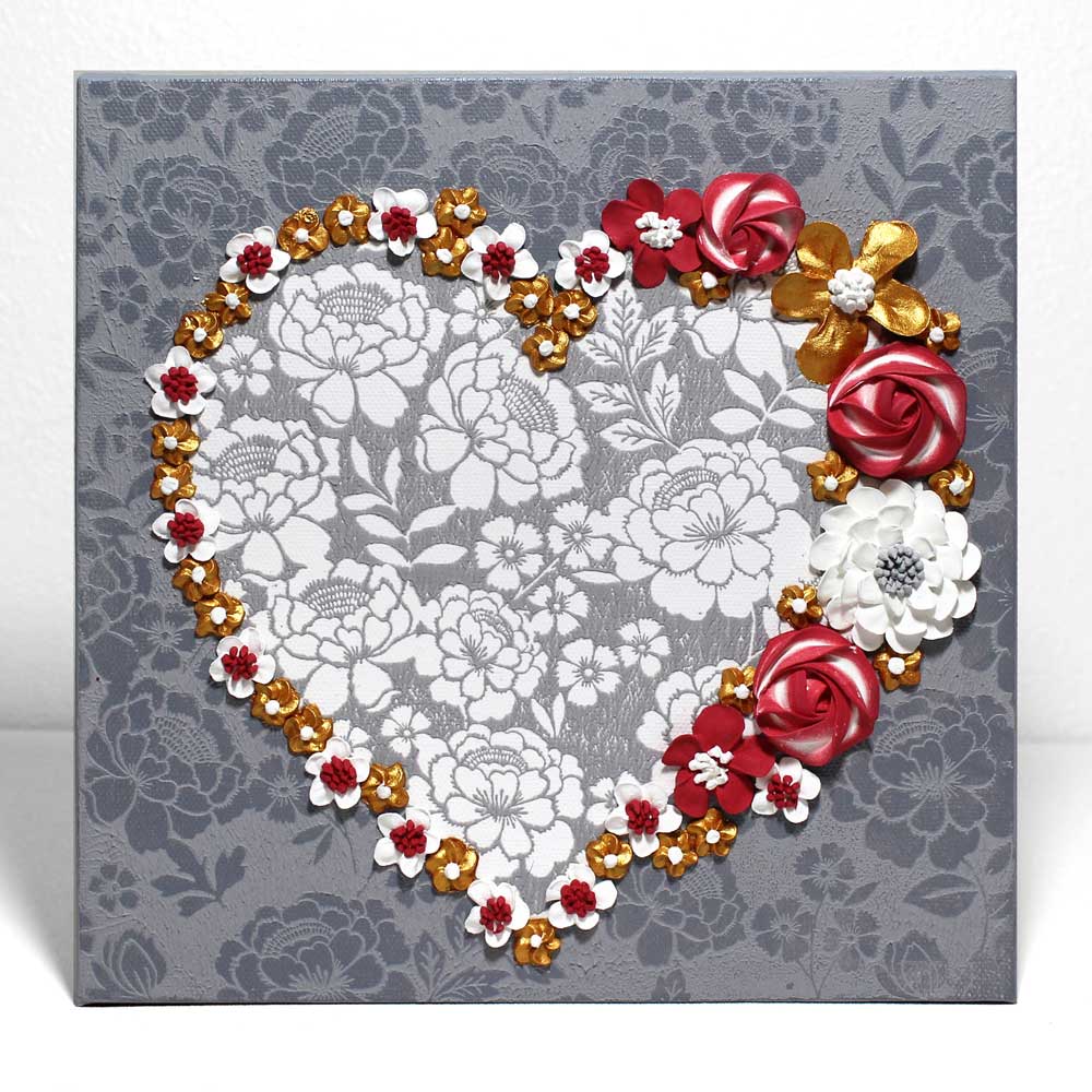 Valentine gift alternative painting of sculpted floral heart in gray with red and gold flowers