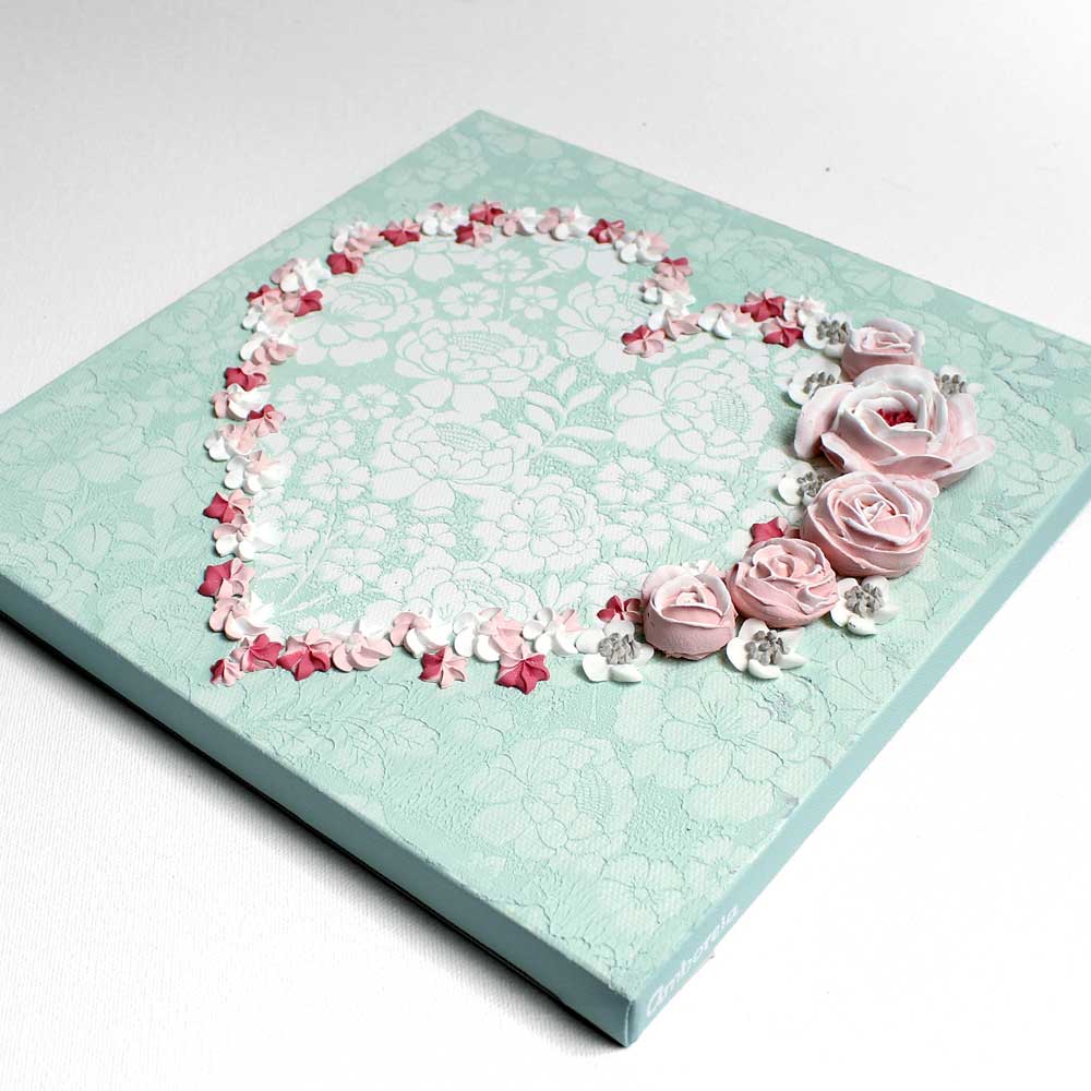 Valentine gift alternative painting of sculpted floral heart in sea glass teal and pink flowers