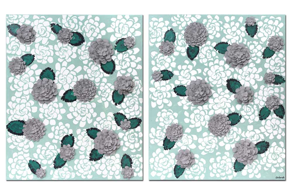 Wall art of teal and gray dahlia flowers