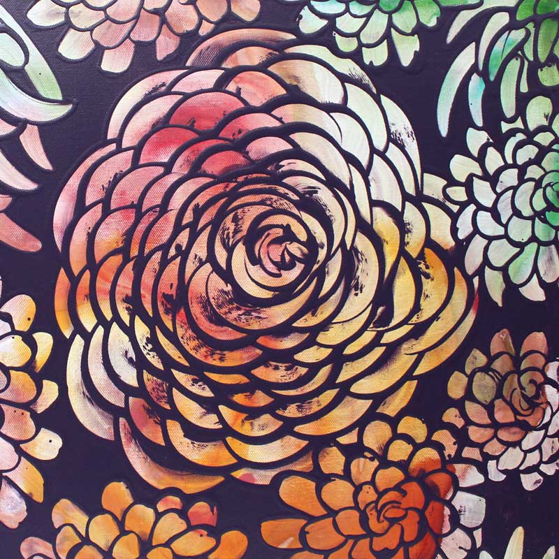 Center view of wall art of tropical dahlia flowers