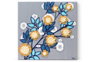 Flower Wall Art Original Painting in Gray, Blue, Yellow | Small