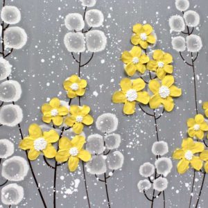 Wall Art Flower Triptych Painting in Gray, Yellow | Extra Large