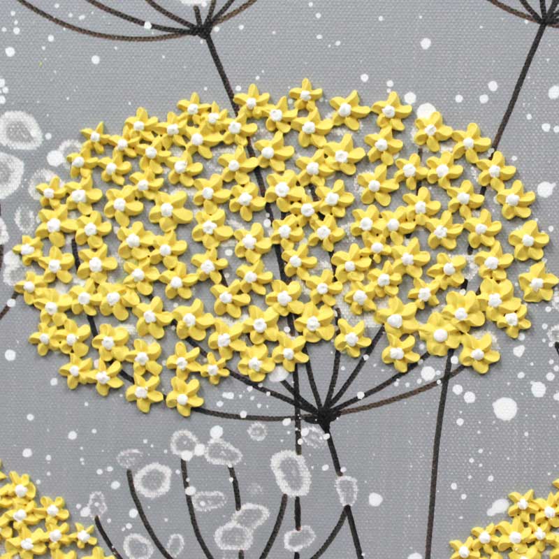 Texture on extra large wall art of gray and yellow flowers