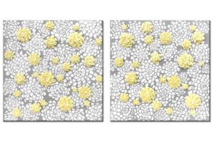 Set of 2 Dahlia Flower Canvas Paintings in Gray, Yellow | Large