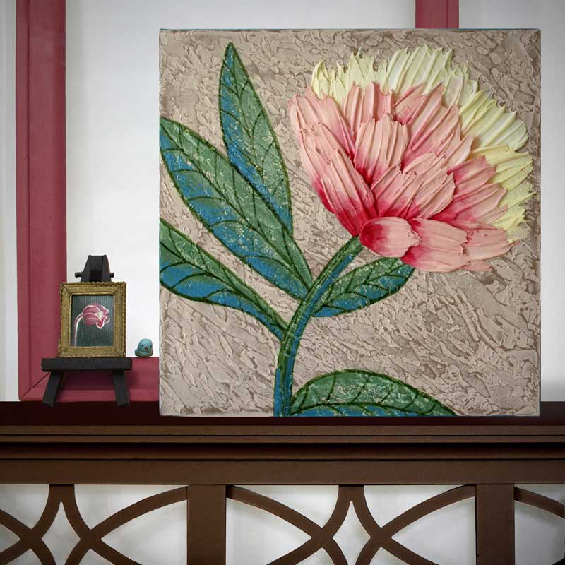 Setting view of sunrise peony flower painting on square canvas