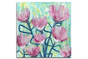 Spring Flower Wall Art, Textured in Pink, Aqua, Yellow | 24×24