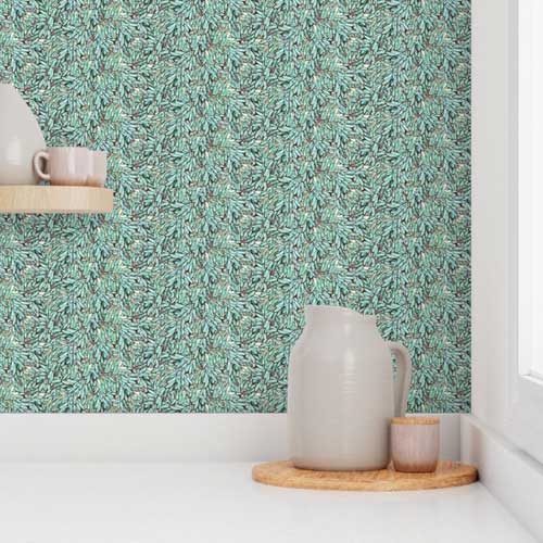 Kitchen wallpaper in teal with waterfall leaves