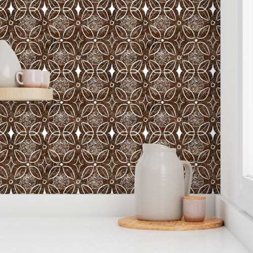 Kitchen wallpaper with brown faux stone with inlay