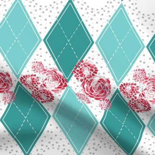 Teal argyle fabric with distressed rose prints