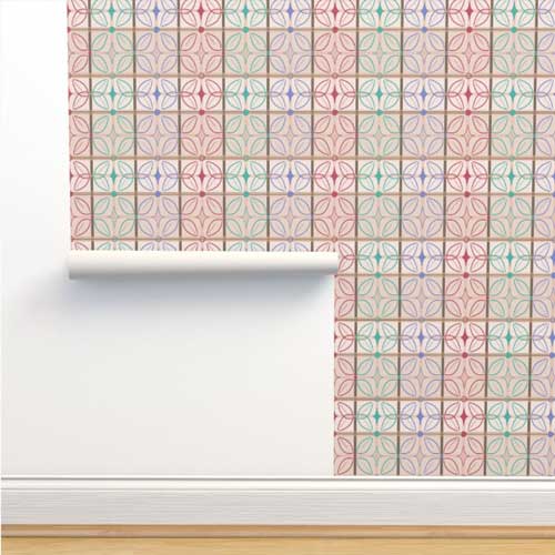 Wallpaper with windowpane grid in colorful pattern