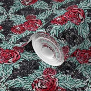Fabric & Wallpaper: Lattice of Red Roses and Teal Leaves