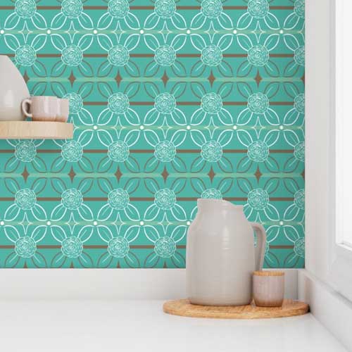 Kitchen wallpaper with teal rose and butterfly pattern