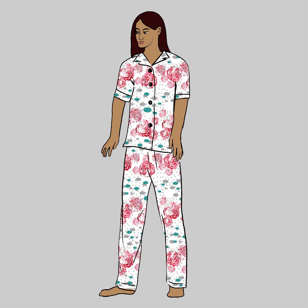 Women's pajamas with stamped roses on white