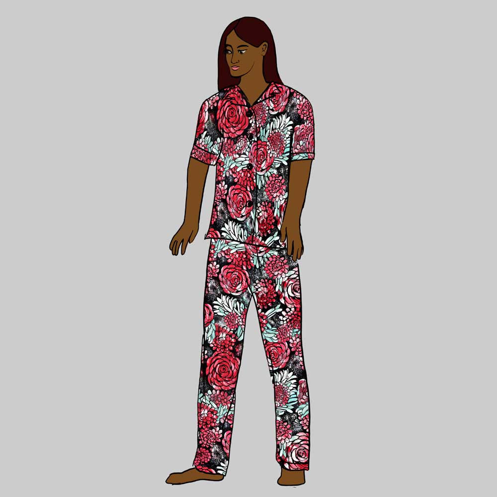 Women's pajamas with red roses on black