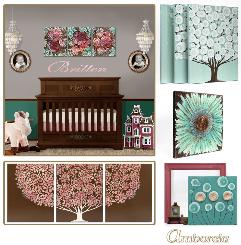 Collection of boho nursery art in teal and wine