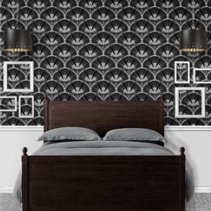 Fabric & Wallpaper: Art Deco Fan Flowers in Black & White Scale