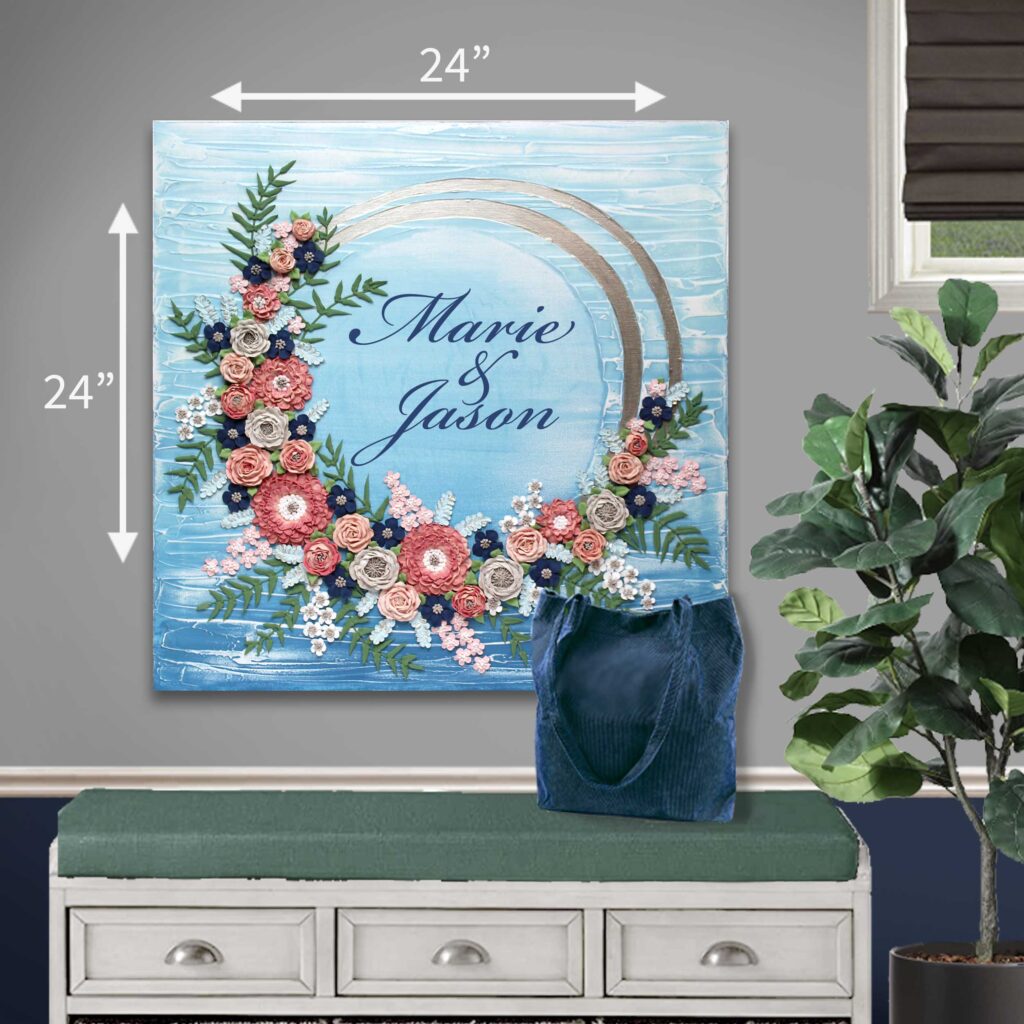 Size guide for 24x24 beach wedding art with inscription inside rings and sculpted pink flowers