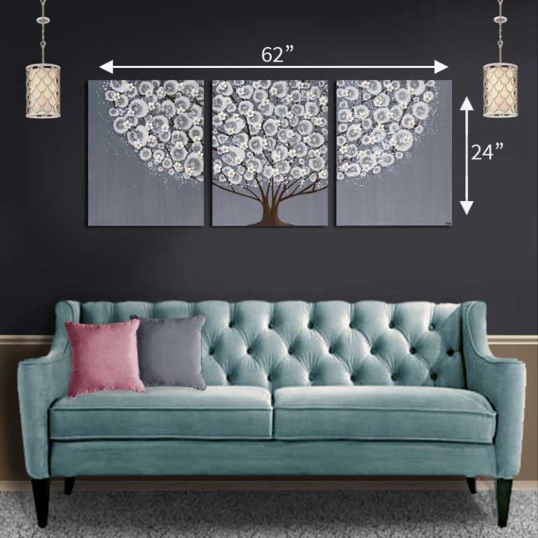 Size guide for extra large feather gray tree painting