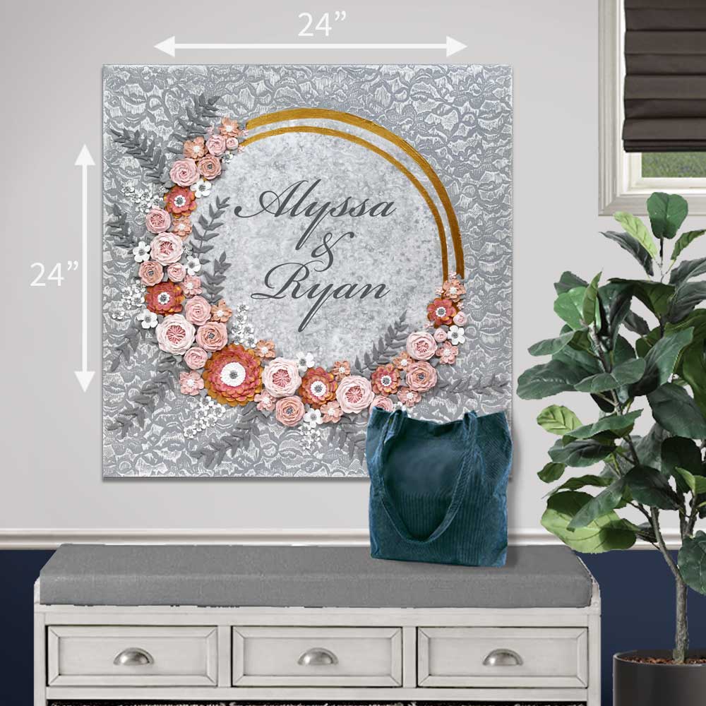 Size guide for 24x24 pink and gray floral rings wedding art with custom inscription