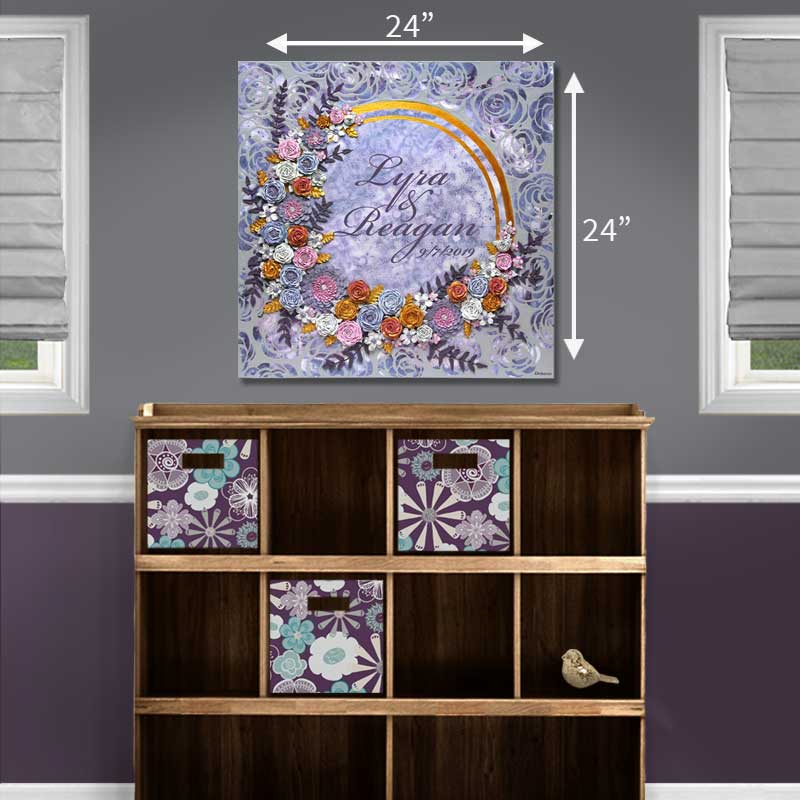 Size guide for purple and gray floral wedding art