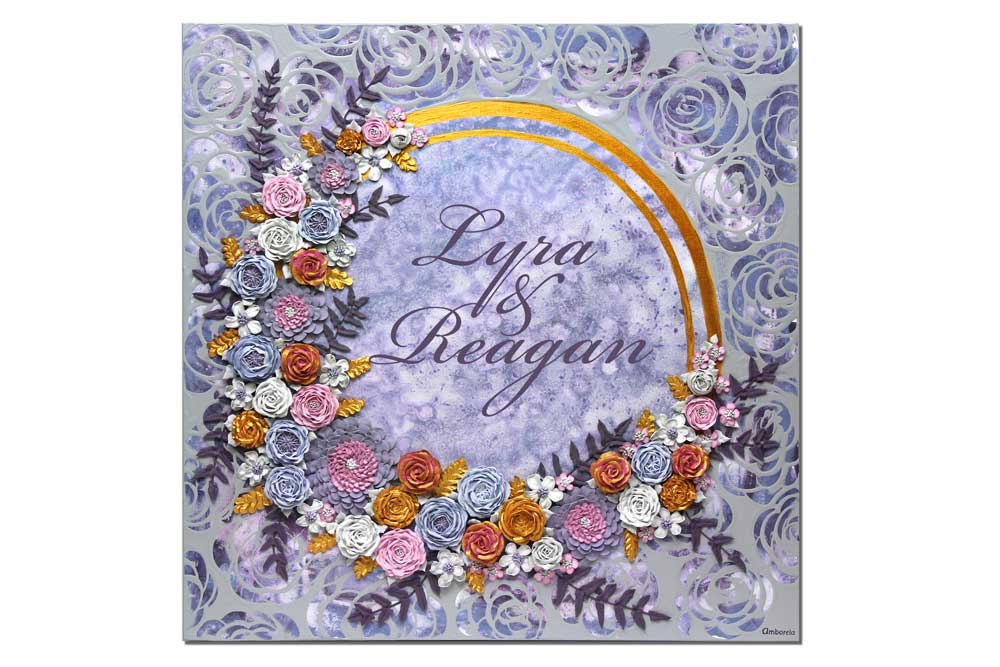 Front view of purple floral wedding art with name inscription