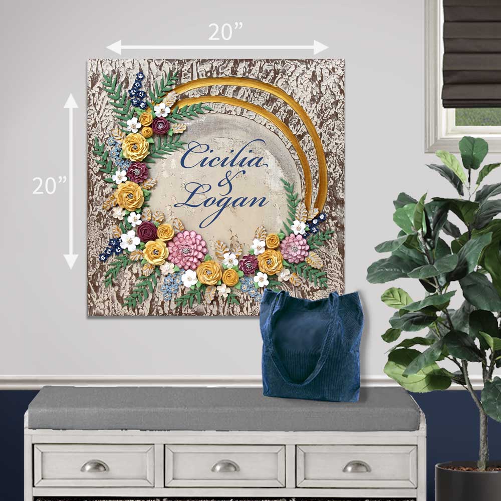 Size guide for 20x20 rustic floral wedding art with name inscription