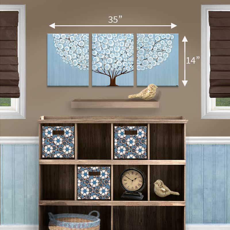 Size guide for blue tree painting above changing table