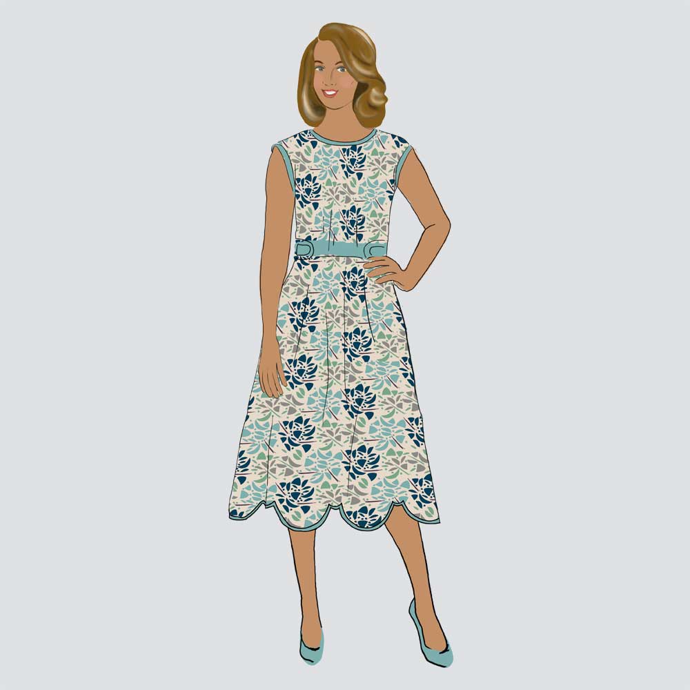 Teal and khaki dress with abstract floral print