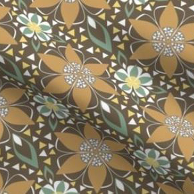 Art deco fabric geometric floral design in earth brown