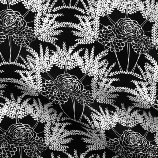 Black and white fabric with roses and fern scallop pattern