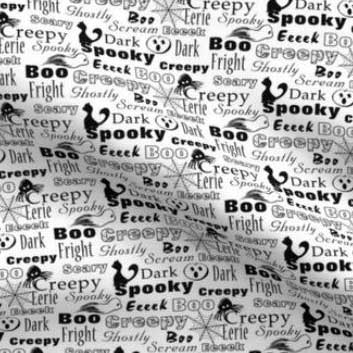 Black and white text of spooky Halloween words