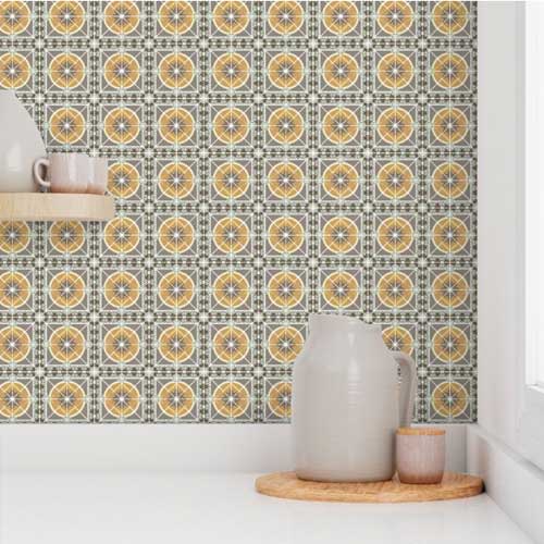 Faux tile wallpaper in goldenrod yellow and gray