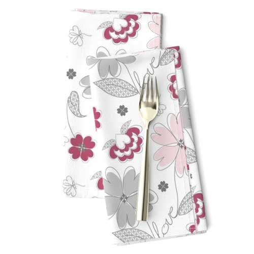 Dinner napkin with Valentine flowers and love typography