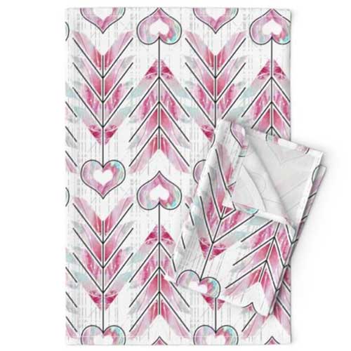 Valentine's day tea towel with pink and teal cupid's arrows