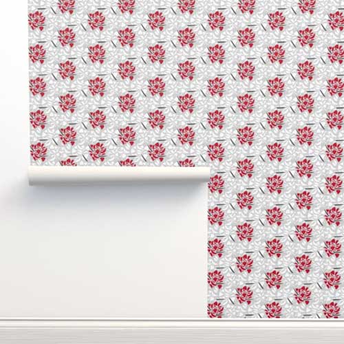 Wallpaper on wall with abstract mosaic flowers in red and gray
