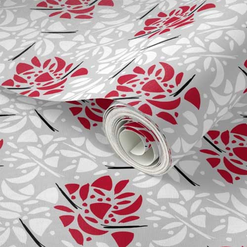 Wallpaper roll with abstract mosaic flowers in red and gray