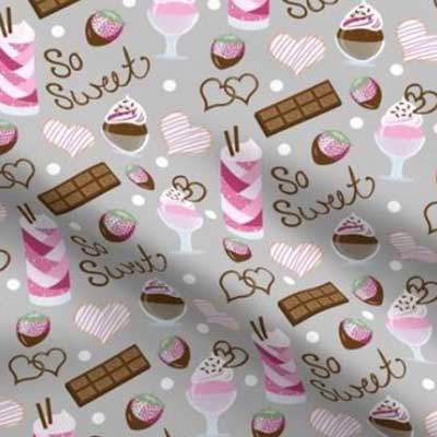 Valentine fabric of desserts in pink and gray